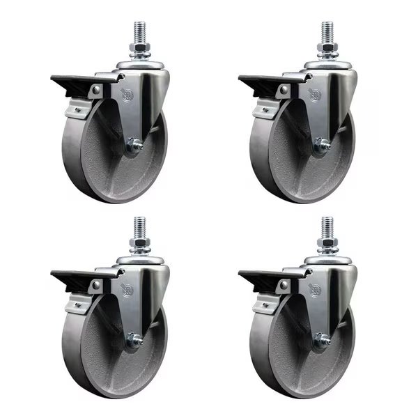 5 Inch Semi Steel 10 MM Threaded Stem Caster Set with Brake, Service Caster, Mfr#: SCC-TS20S514-SSS-PLB-M1015-4